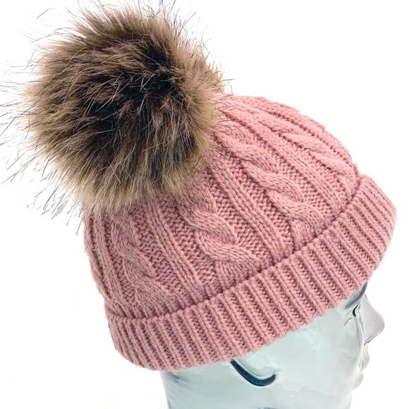FAS Jeans Girls Winter Fitted Knit Beanie Hat with Faux Fur Pom-Pom Ears - Picture 4 of 11